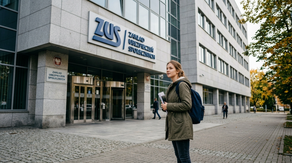 Młoda polska studentka przed budynkiem z logo ZUS. Zaświadczenie do ZUS i prawa studenta to ważne formalności przed końcem października.