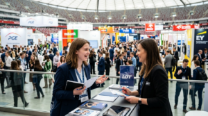 Uśmiechnięta studentka i rekruter na targach pracy Talent Days 2026 na PGE Narodowym w Warszawie. Nowoczesne stoiska firmowe, rozwój kariery i networking.
