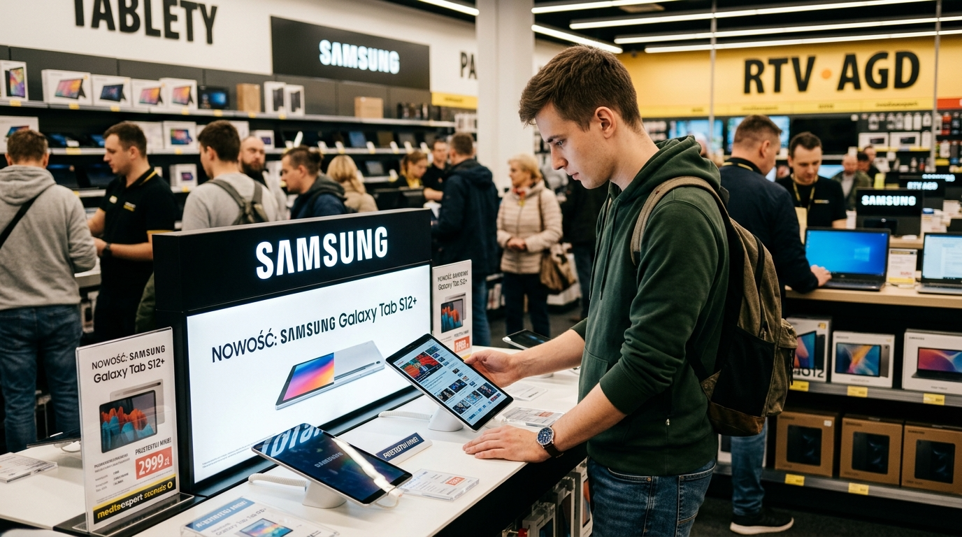 Polski student w sklepie elektronicznym wybiera tablet Samsung Galaxy Tab S12+. Zniżki dla studentów i promocje na premierę Samsung Galaxy Tab S12.