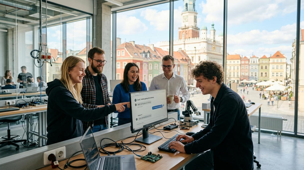 Studenci z Poznania w jasnym laboratorium przy chatbocie AI. W tle Stary Rynek. Sztuczna inteligencja i gwara poznańska, innowacja na uniwersytecie.