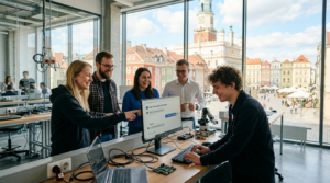 Studenci z Poznania w jasnym laboratorium przy chatbocie AI. W tle Stary Rynek. Sztuczna inteligencja i gwara poznańska, innowacja na uniwersytecie.