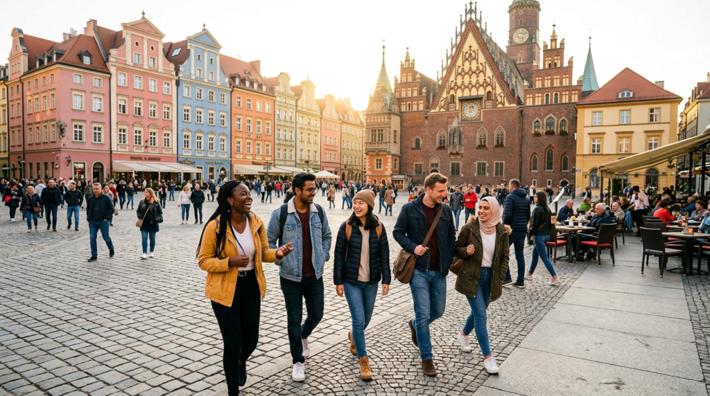 Studenci zagraniczni na wymianie Erasmus na wrocławskim Rynku. W tle kolorowe kamienice i gotycki Ratusz w słońcu. Życie studenckie w centrum Wrocławia.