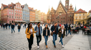 Studenci zagraniczni na wymianie Erasmus na wrocławskim Rynku. W tle kolorowe kamienice i gotycki Ratusz w słońcu. Życie studenckie w centrum Wrocławia.