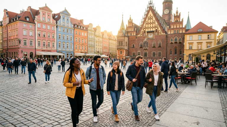 Studenci zagraniczni na wymianie Erasmus na wrocławskim Rynku. W tle kolorowe kamienice i gotycki Ratusz w słońcu. Życie studenckie w centrum Wrocławia.