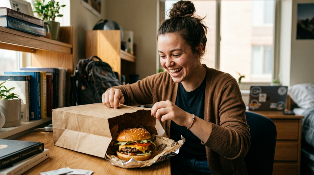 Uśmiechnięty student w akademiku otwiera papierową torbę z soczystym burgerem. Zniżka studencka na burgery z dostawą. W tle widoczny laptop i książki.