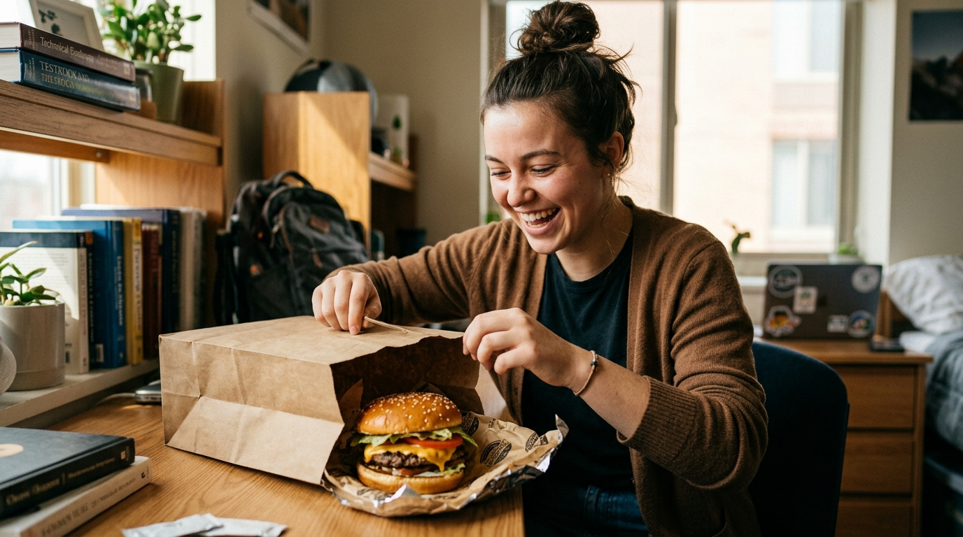 Uśmiechnięty student w akademiku otwiera papierową torbę z soczystym burgerem. Zniżka studencka na burgery z dostawą. W tle widoczny laptop i książki.