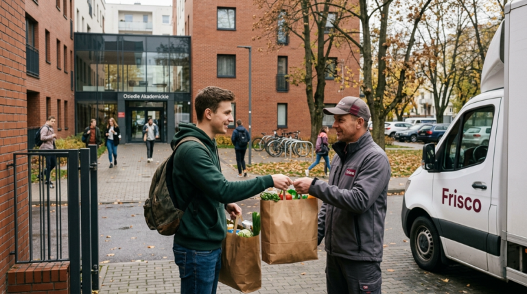 Polski student odbiera zakupy spożywcze Frisco z dostawą. Torba z bordowym logo marki. Tanie zakupy online z dostawą do domu i zniżki dla studentów.