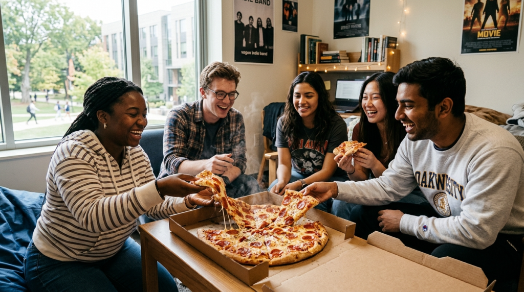 Studenci w jasnym, nowoczesnym akademiku jedzą pizzę pepperoni Papa John’s. Gorąca pizza z serem w promocji i z dużym rabatem na dostawę dla studentów.