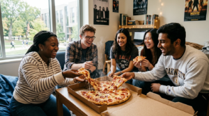 Studenci w jasnym, nowoczesnym akademiku jedzą pizzę pepperoni Papa John’s. Gorąca pizza z serem w promocji i z dużym rabatem na dostawę dla studentów.