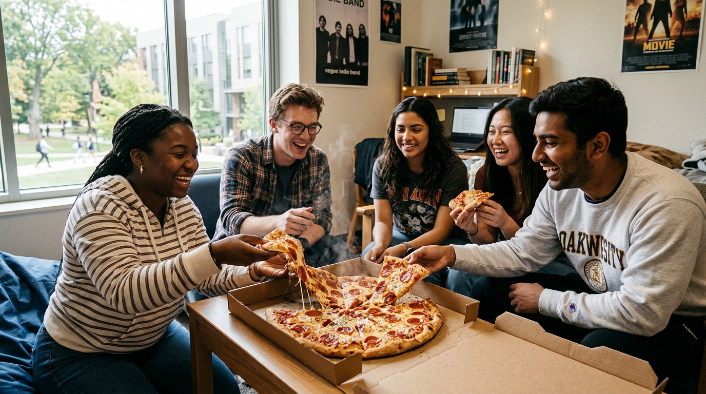 Studenci w jasnym, nowoczesnym akademiku jedzą pizzę pepperoni Papa John’s. Gorąca pizza z serem w promocji i z dużym rabatem na dostawę dla studentów.