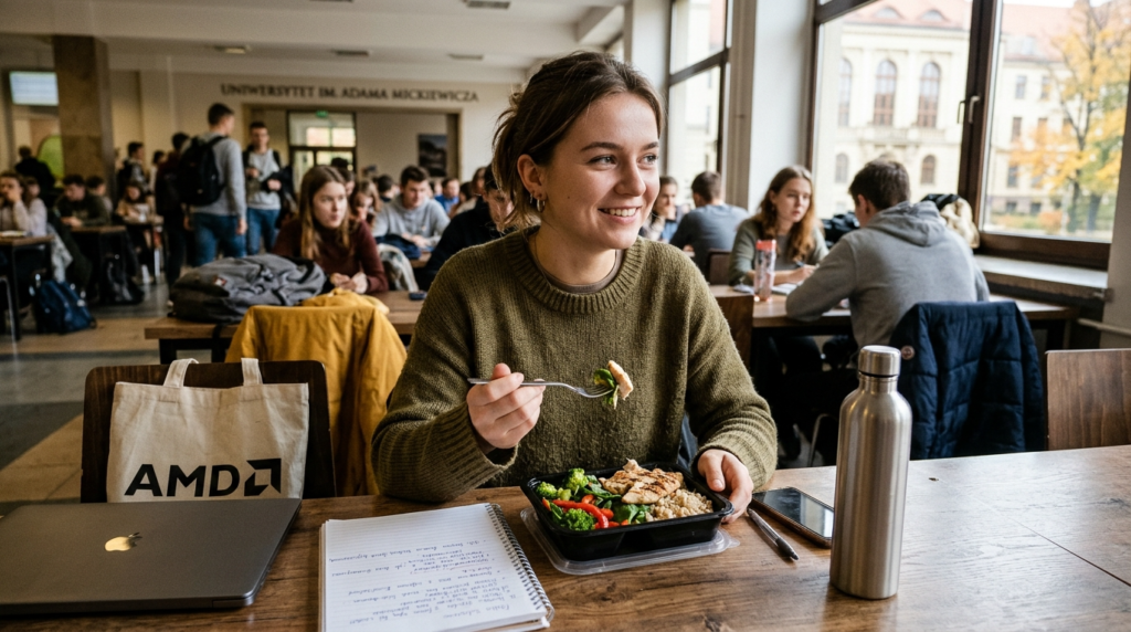 Studentka na polskiej uczelni je obiad z cateringu Kuchnia Vikinga. Tania dieta pudełkowa dla studentów, zniżki i promocje na zdrowe posiłki w pudełkach.