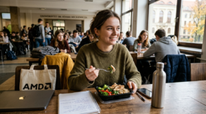 Studentka na polskiej uczelni je obiad z cateringu Kuchnia Vikinga. Tania dieta pudełkowa dla studentów, zniżki i promocje na zdrowe posiłki w pudełkach.
