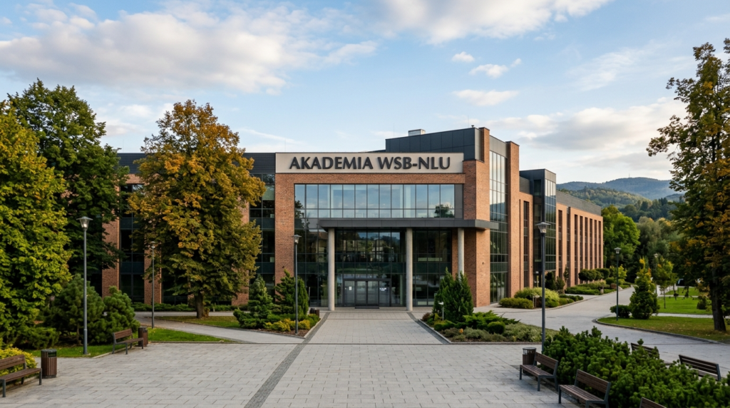 Oficjalny napis Akademia WSB-NLU. Nowosądecka uczelnia wyższa po zmianie statusu na akademię. Kluczowe miejsce na studia i edukację w Nowym Sączu.