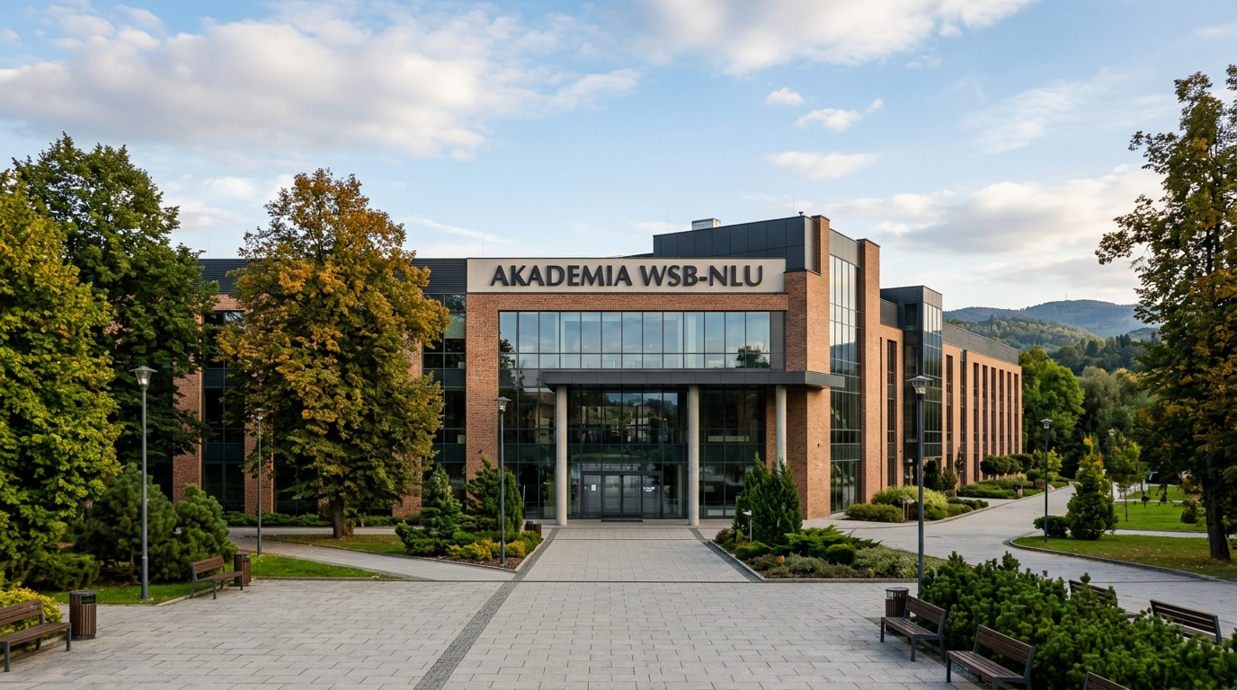 Oficjalny napis Akademia WSB-NLU. Nowosądecka uczelnia wyższa po zmianie statusu na akademię. Kluczowe miejsce na studia i edukację w Nowym Sączu.