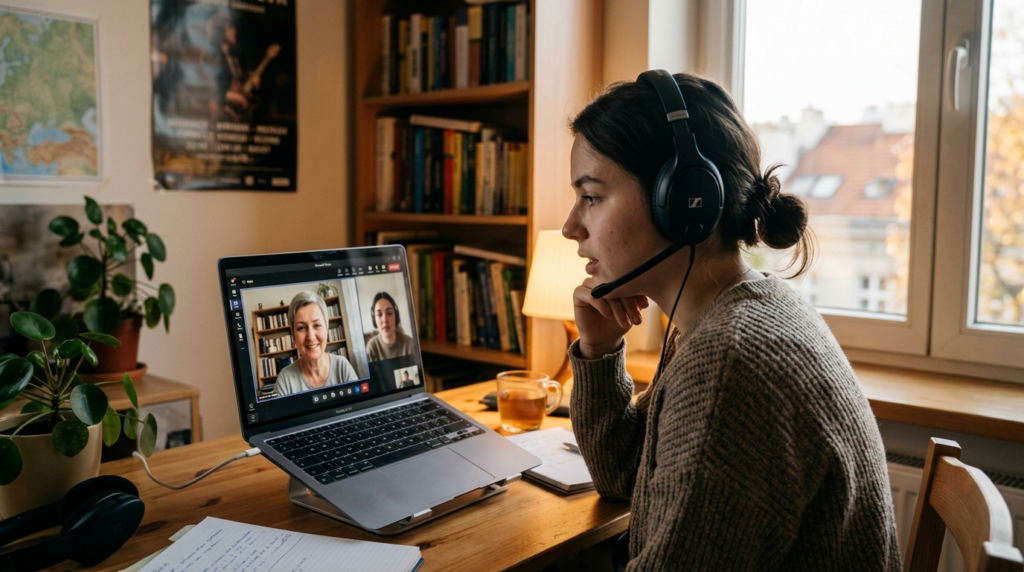 Studentka UwB na wideorozmowie Teams z psychologiem. Darmowe wsparcie psychologiczne i pomoc psychologa online dla studentów Uniwersytetu w Białymstoku.