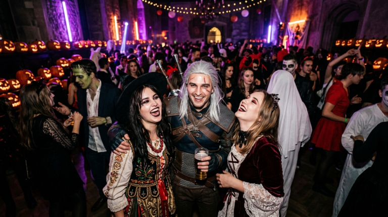 Studenci PANS w Krośnie w kreatywnych kostiumach na imprezie halloweenowej. Radosna zabawa studencka wśród świecących dyń i fioletowo-pomarańczowych neonów.