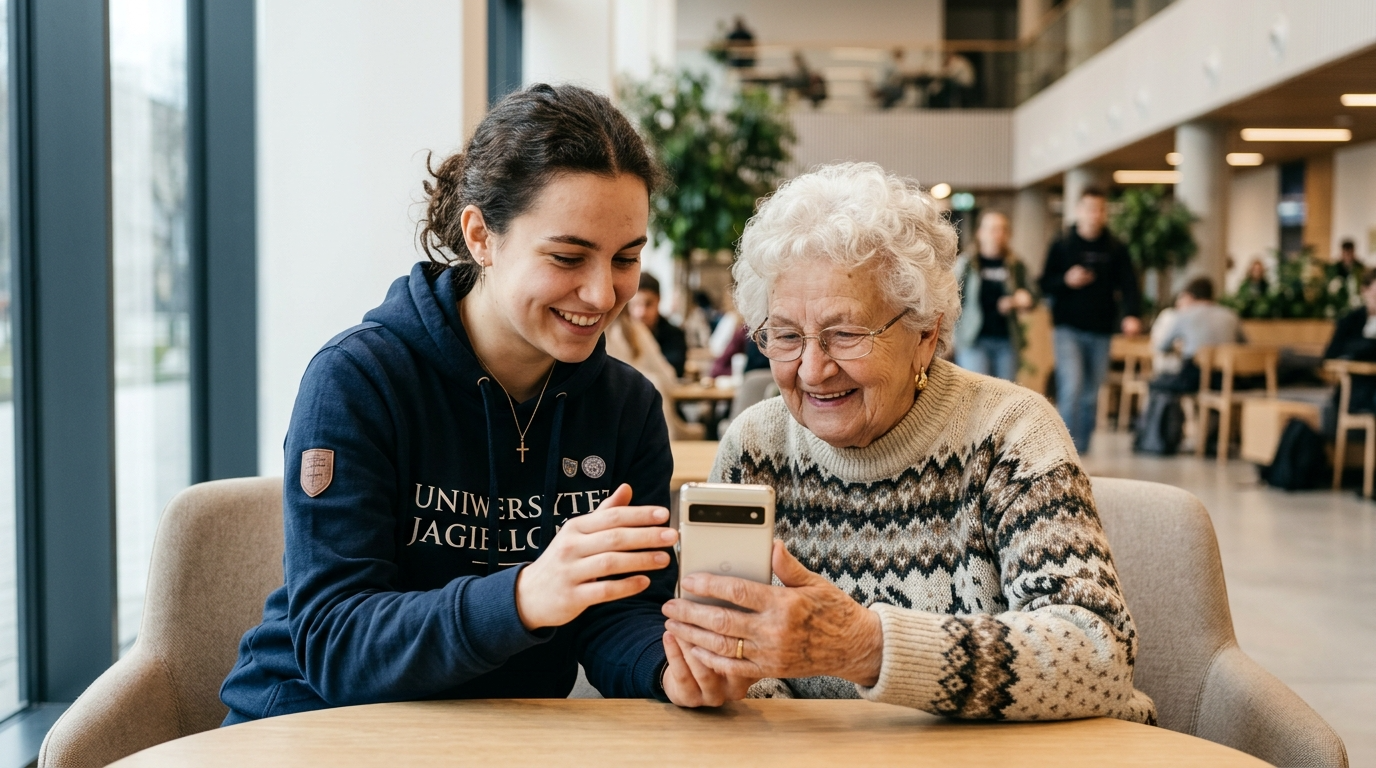 Uśmiechnięty student z Gdańska i senior patrzą na ekran smartfona. Jasne wnętrze, nauka nowych technologii i międzypokoleniowa pomoc seniorom w obsłudze.