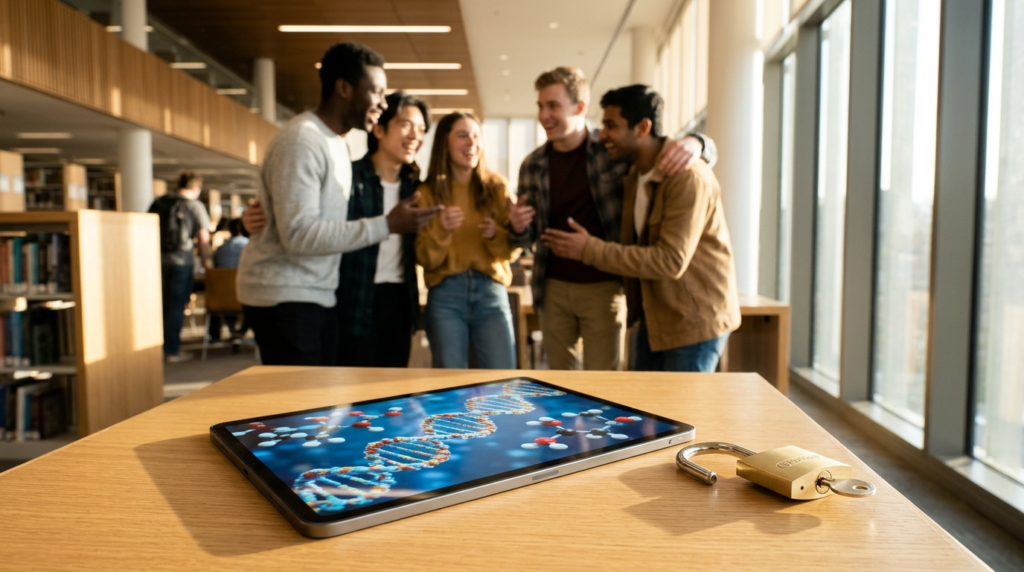 Otwarta kłódka i tablet z modelami naukowymi w jasnej bibliotece. Tydzień Otwartego Dostępu uwalnia naukę dla studentów, usuwając bariery drogich subskrypcji.