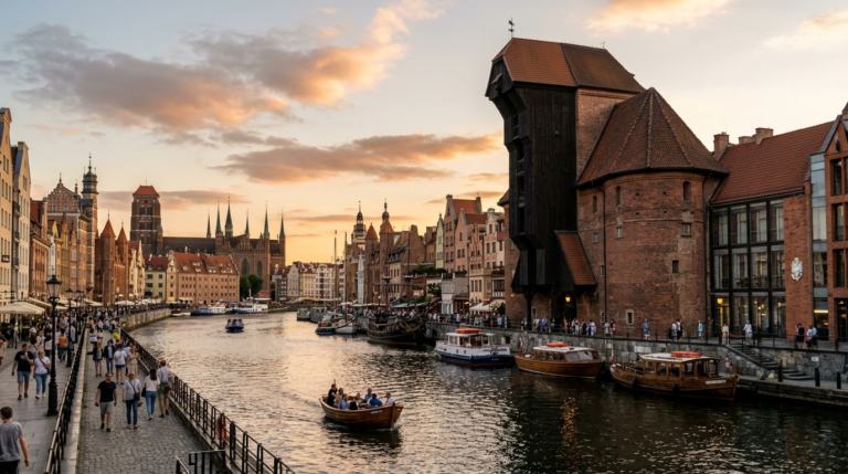 Zabytkowy Żuraw w Gdańsku nad Motławą, w którym zabrzmi muzyka barokowa. Drewniana konstrukcja portowego dźwigu, ikona gdańskiej kultury i architektury.