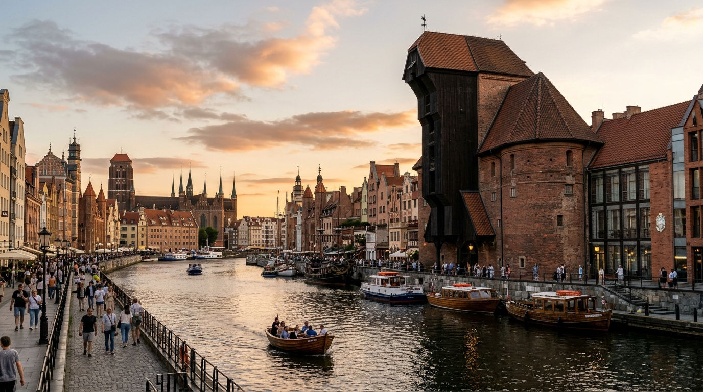 Zabytkowy Żuraw w Gdańsku nad Motławą, w którym zabrzmi muzyka barokowa. Drewniana konstrukcja portowego dźwigu, ikona gdańskiej kultury i architektury.