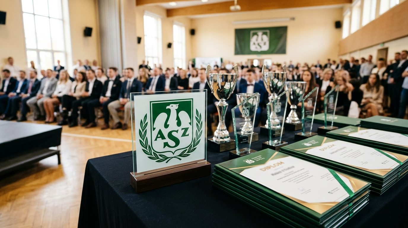 Zielone logo Akademickiego Związku Sportowego, dyplomy i puchary na Gali Sportu Akademickiego 2026. Nagrody za sport studencki na stole w uroczystej sali.