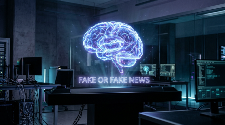 Hologram ludzkiego umysłu z napisem fake or fake news. Studencka kampania Gra o umysły edukująca o fałszywych informacjach i dezinformacji.