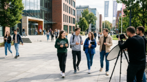 Uśmiechnięci studenci podczas sesji zdjęciowej do konkursu Zostań twarzą Uniwersytetu WSEI. Życie codzienne studenta i materiały promocyjne uczelni.