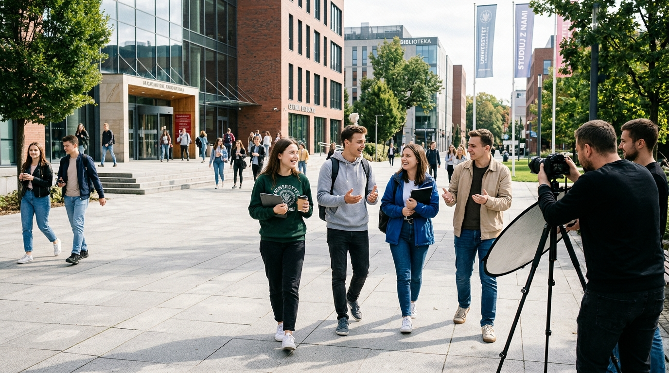 Uśmiechnięci studenci podczas sesji zdjęciowej do konkursu Zostań twarzą Uniwersytetu WSEI. Życie codzienne studenta i materiały promocyjne uczelni.