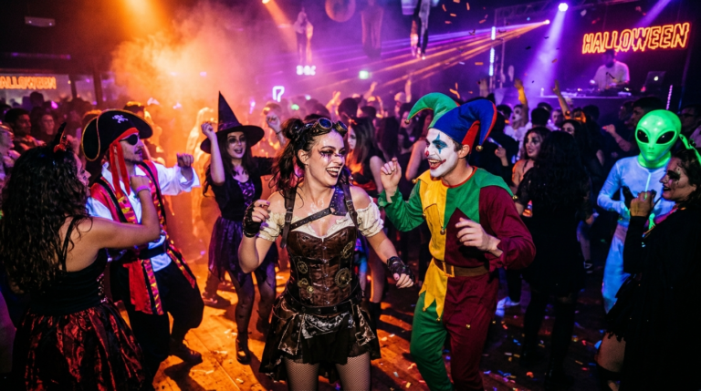 Studenci Uniwersytetu Civitas w przebraniach tańczą w klubie Enklawa. Otrzęsiny halloweenowe w oparach mgły, przy pomarańczowych i fioletowych światłach neonów.