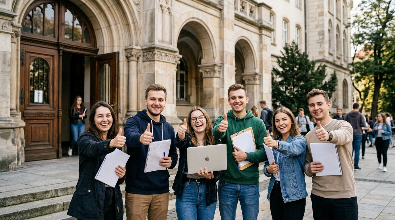 Uśmiechnięci studenci z laptopem i notatkami przed uczelnią. Kciuki w górze za niższe czesne za polecenie studiów. Rozwój kariery na polskiej uczelni wyższej.