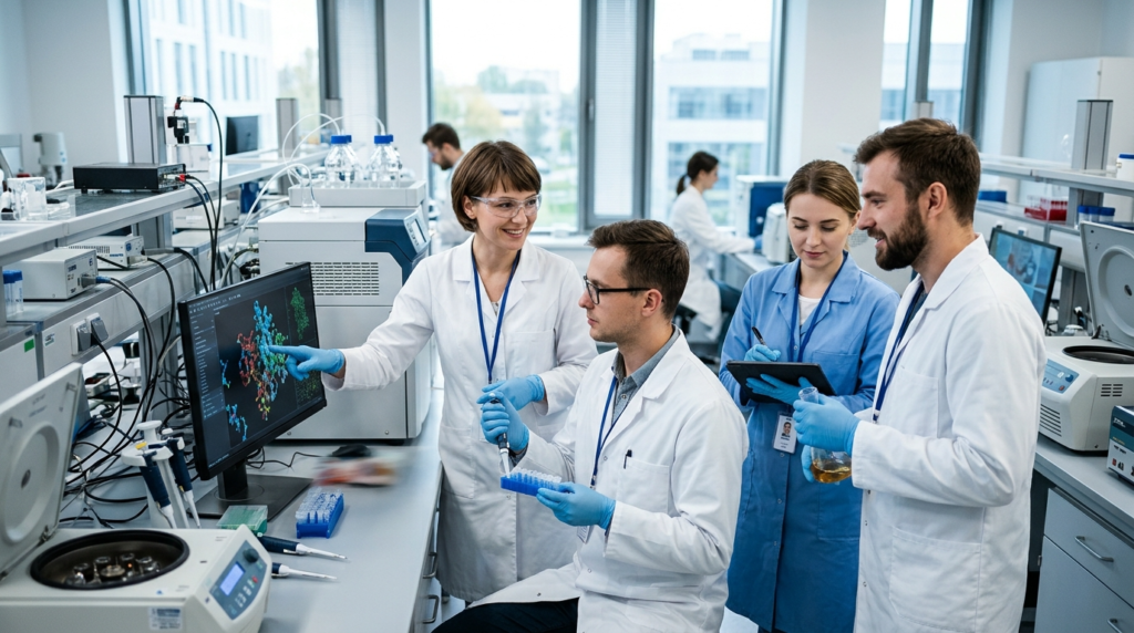 Młodzi naukowcy ze Szczecina w nowoczesnym laboratorium prowadzą innowacyjne badania. Ambitni studenci i zaawansowany sprzęt w jasnym, fachowym wnętrzu.