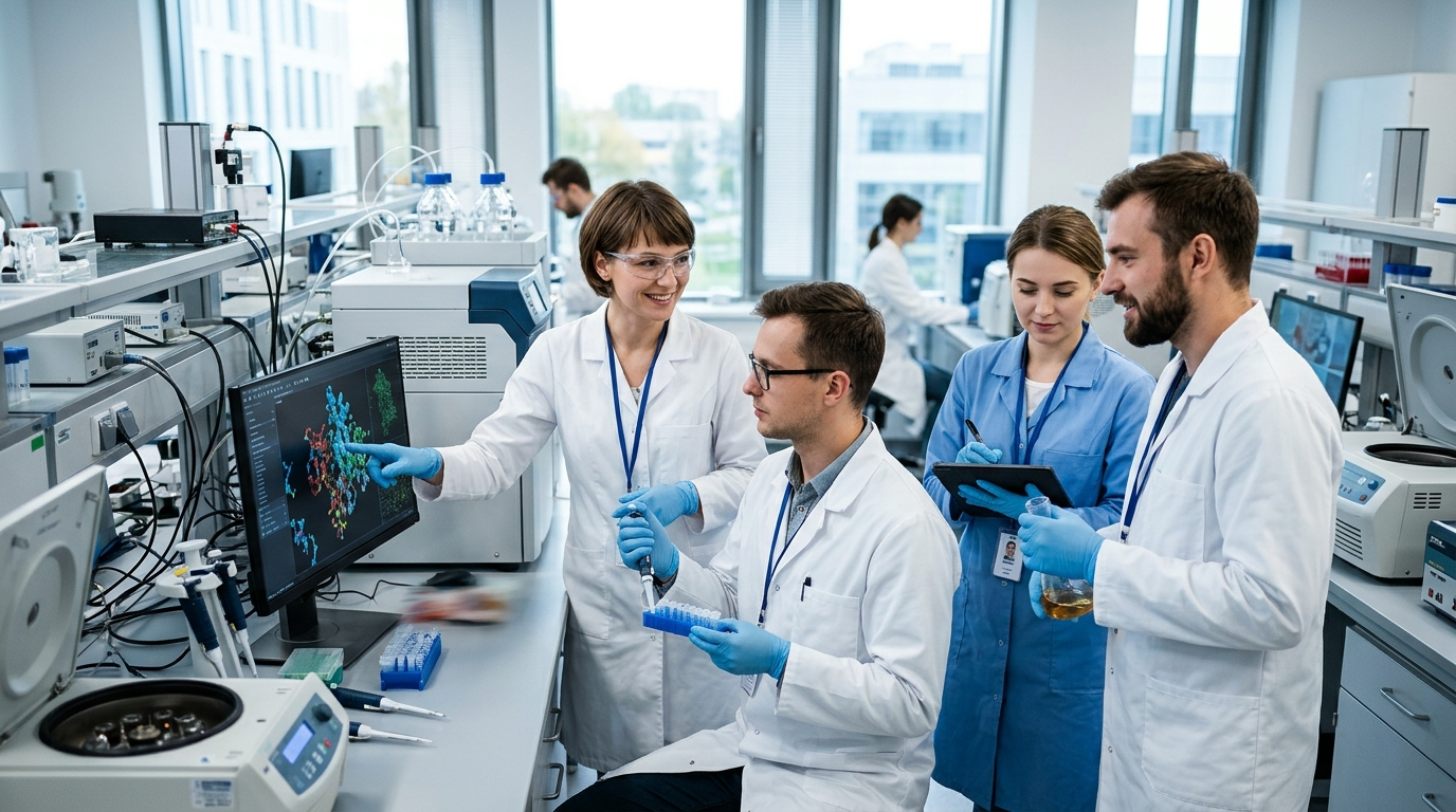 Młodzi naukowcy ze Szczecina w nowoczesnym laboratorium prowadzą innowacyjne badania. Ambitni studenci i zaawansowany sprzęt w jasnym, fachowym wnętrzu.