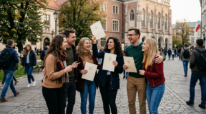 Uśmiechnięci polscy studenci dumni z otrzymania stypendium miejskiego we Wrocławiu. Wrocławscy studenci ubiegający się o wysokie stypendia i prawa studenta.