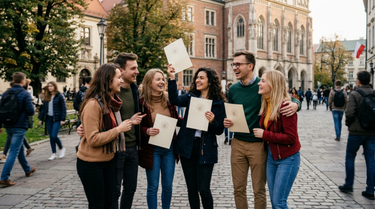 Uśmiechnięci polscy studenci dumni z otrzymania stypendium miejskiego we Wrocławiu. Wrocławscy studenci ubiegający się o wysokie stypendia i prawa studenta.