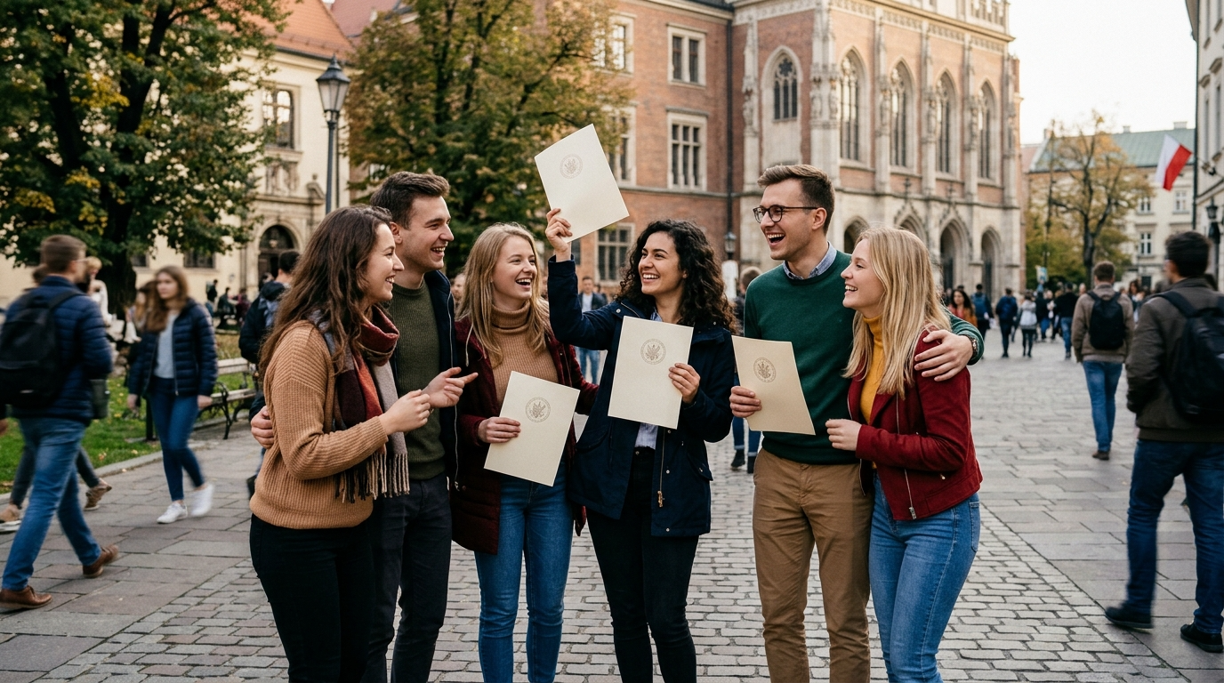 Uśmiechnięci polscy studenci dumni z otrzymania stypendium miejskiego we Wrocławiu. Wrocławscy studenci ubiegający się o wysokie stypendia i prawa studenta.