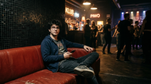 Student na czerwonej skórzanej kanapie w klubie Proxima w Warszawie. W tle czarna mozaika. Nowoczesny wystrój warszawskiego klubu studenckiego po remoncie.