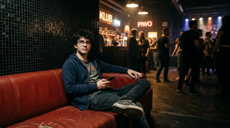 Student na czerwonej skórzanej kanapie w klubie Proxima w Warszawie. W tle czarna mozaika. Nowoczesny wystrój warszawskiego klubu studenckiego po remoncie.