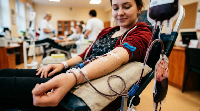 Studentka oddaje krew podczas akcji Cieszyńska Wampiriada. Ujęcie od dołu na rękę i pobieraną krew. Honorowe krwiodawstwo i aktywność studencka na kampusie.