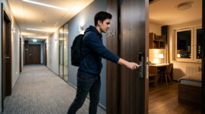 Student otwiera drzwi do nowoczesnego pokoju w nowym domu studenckim w Gdańsku. Ujęcie z korytarza na komfortowy akademik z funkcją letniego hostelu.