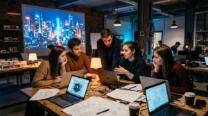 Katowiccy studenci projektują przyszłość miasta podczas hackathonu. Grupa przy laptopach i szkicach w nowoczesnym wnętrzu z cyfrową wizją architektury.