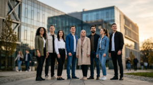 Ambitni studenci Politechniki Śląskiej dumni z sukcesu w rankingu THE WUR 2027. Nowoczesna architektura uczelni w tle, prestiżowe studia i rozwój kariery.