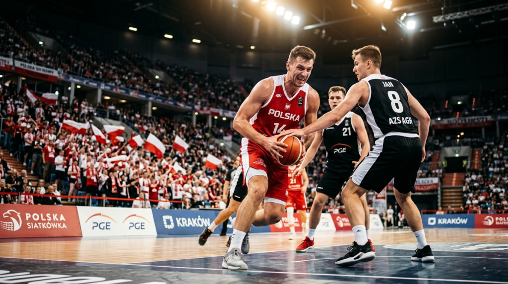 Studenci w 3. sezonie Ligi Akademickiej AZS. Dynamiczne ujęcie z dołu na zawodników w hali sportowej. Sport studencki, pełna determinacja i dopingujący kibice.
