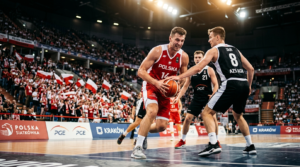 Studenci w 3. sezonie Ligi Akademickiej AZS. Dynamiczne ujęcie z dołu na zawodników w hali sportowej. Sport studencki, pełna determinacja i dopingujący kibice.