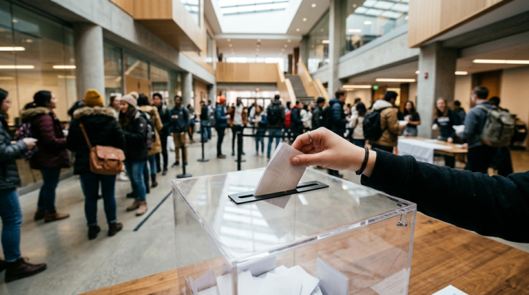 Dłoń studenta wrzuca kartę do urny. Wybory na Przewodniczącego Parlamentu Studentów WSPiA Rzeszów. Samorząd i aktywność studencka w jasnym atrium uczelni.