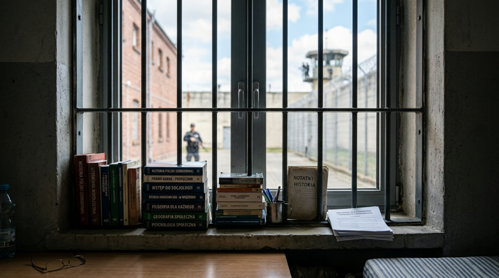 Książki i pomoce naukowe na kratach współczesnego okna więziennego. Studenci KUL w Polsce rozpoczynają rok akademicki. Edukacja i studia osób osadzonych.