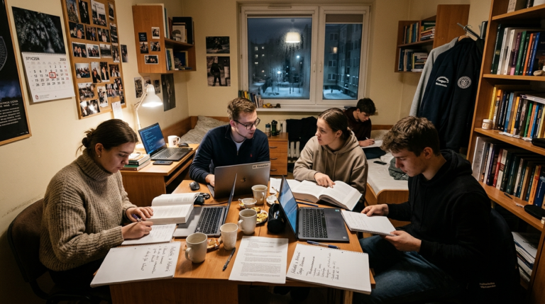 Grupa polskich studentów w akademiku uczy się do sesji zimowej. Wspólna nauka i notatki. Poznaj terminy sesji zimowej na największych uczelniach wyższych.