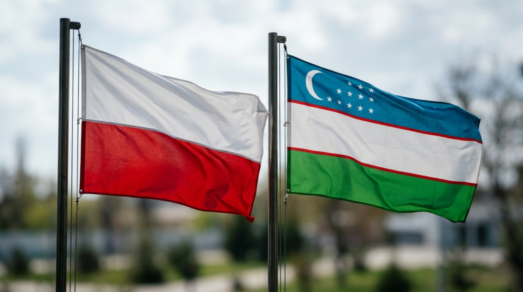 Flaga Polski i Uzbekistanu na rozmytym tle. Podwójny dyplom i studia w Uzbekistanie dla polskich studentów. Rozwój kariery i edukacja wyższa.