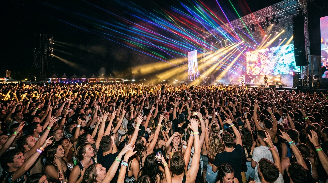 Tłum studentów na Rzeszowskich Juwenaliach 2026. Rozświetlona scena nocą, kolorowe lasery i uniesione ręce. Najlepszy festiwal studencki, koncert w Rzeszowie.