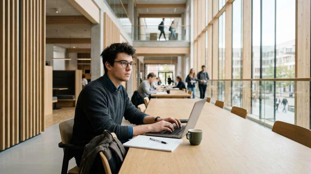 Skupiony młody mężczyzna w jasnym, nowoczesnym holu skandynawskiej uczelni. Ambitny student planujący studia i karierę w Norwegii na tle minimalistycznej architektury.