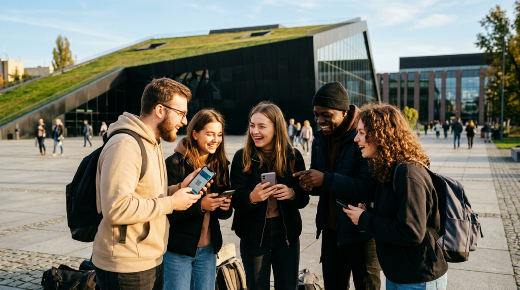 Radośni studenci w Szczecinie sprawdzają darmowe bilety na Weekend Kultury na smartfonach przed nowoczesnym budynkiem w Polsce. Słoneczna kultura i rozrywka.